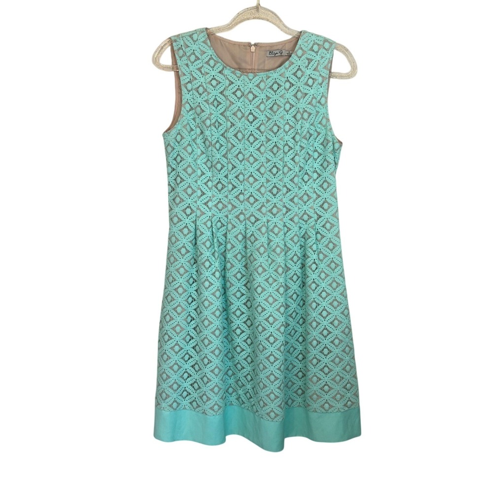 Eliza J Aqua Mint Green Geometric Eyelet Lace Fit & Flare Dress Sleeveless Sz 6